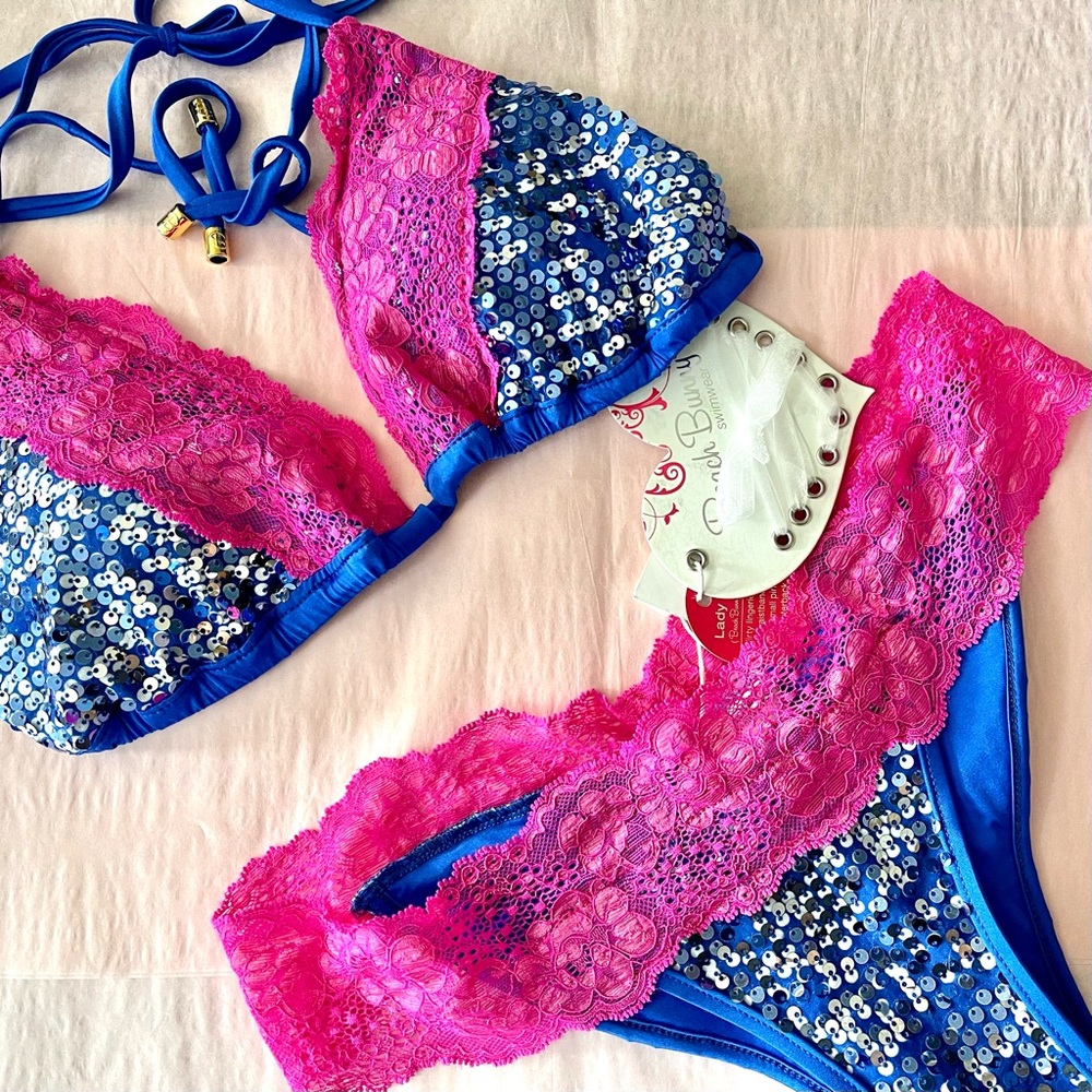 RARE BEACH BUNNY FULL SWIMSUIT SET SEQUIN BIKINI BLUE AND PINK New Size L